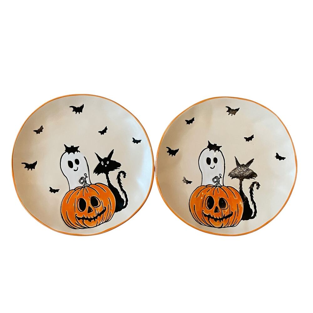 ELI & ANA Halloween Salad Plates 8in Black Cat Bats Ghost Pumpkin Set of 2 New - Picture 2 of 11